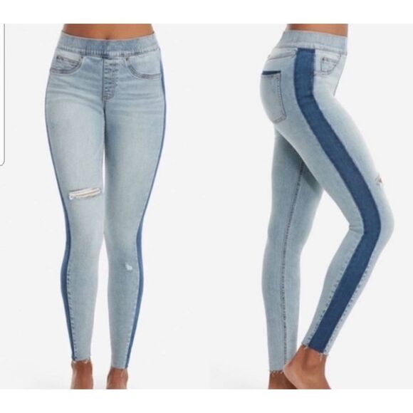 SPANX Distressed Skinny Jeans With Side Stripe In Light Wash Size XS - Picture 1 of 4